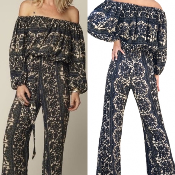 Novella Royale Pants - Novella Royale Off The Shoulder Bardot Rosewood Flare Leg Jumpsuit